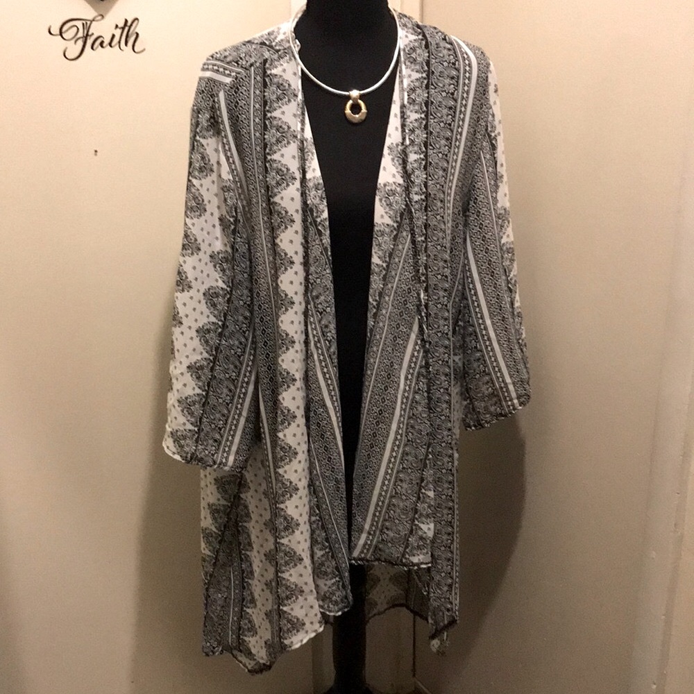 D) Espresso Black & White Patterned Open Front Women's Cardigan Size 2x